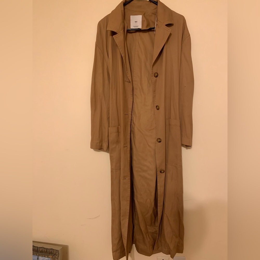 MANGO corduroy material coat in brown with a tie belt